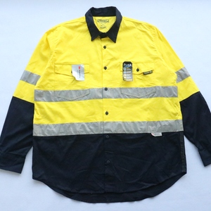 外贸纯棉3M反光条透气长袖工作服衬衫大码宽松荧光黄警示工装衬衣