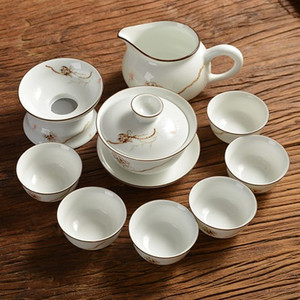 功夫茶具家用套装白瓷客厅简约中式复古盖碗茶杯泡茶工夫薄胎莲子