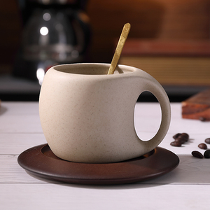 陶瓷咖啡杯碟套装复古拿铁美式咖啡杯子木杯垫下午茶杯碟勺花茶杯