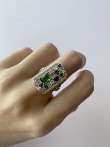 拜占庭水晶戒指复古绿色银色方块夸张质感亮闪闪高级感亮闪闪戒指