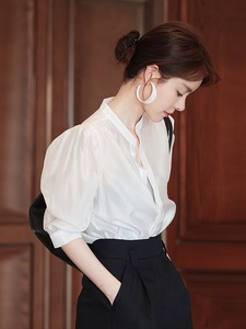 YMDM简约不失设计袖型特别喜欢挖低小立领天丝白衬衣短袖衬衫女夏