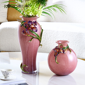 罗比罗丹创意粉色玻璃插花花瓶珐琅彩工艺家居装饰电视柜玄关摆件