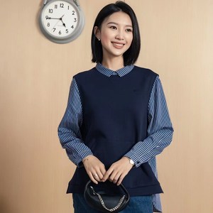 YUN韫2023秋季新款女装翻领条纹假两件长袖衬衫 韩版拼色上衣2928
