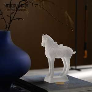 新中式白色透明磨砂动物马摆件客厅书房玄关装饰品博古架艺术摆设