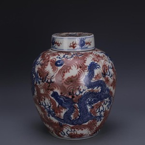 大清康熙青花釉里红龙纹盖罐茶叶罐做旧手工仿古瓷古玩古董收藏品