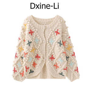 DXINE 新款慵懒风针织开衫毛球刺绣毛衣外搭彩色花甜美少女外套