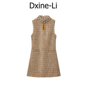 DXINE 2024夏季新款立领镂空镶钻无袖连衣裙女亮片钉珠聚会礼服裙