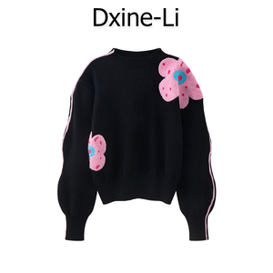 DXINE 2024年春季新款蔡少芬同款黑色毛衣花朵撞色波浪袖针织衫女