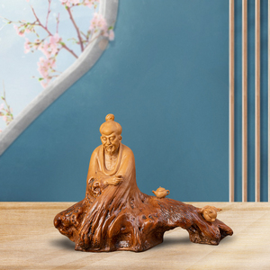景德镇陶瓷创意仿树桩陆羽品茶人物雕塑禅意摆件桌面摆件个性装饰