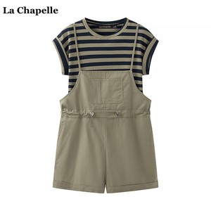 拉夏贝尔/La Chapelle韩版短袖T恤+收腰背带短裤俩件套夏季套装女