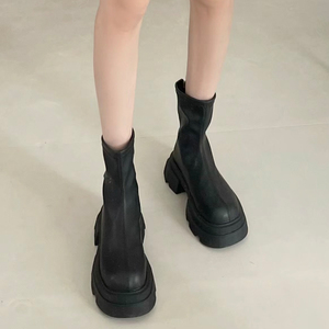 厚底粗跟马丁靴女2023年秋冬新款黑色增高显瘦弹力瘦瘦靴大头短靴