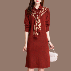 中长款羊绒羊毛针织连衣裙秋冬季两件套带围巾宽松大码毛衣裙长裙