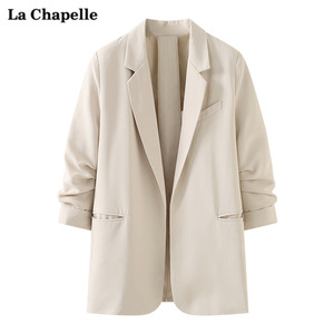拉夏贝尔纯色宽松显瘦小众设计感上衣七分袖中长西装外套女小西服