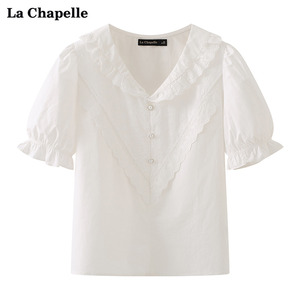 拉夏贝尔/La Chapelle气质翻领蕾丝短袖衬衫女夏法式别致白色小衫