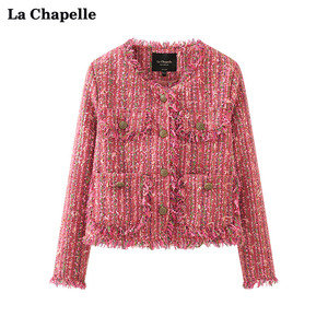 拉夏贝尔/La Chapelle红色小香风外套女气质粗花呢圆领加厚上衣春