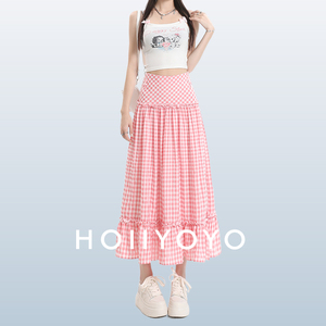 HOIIYOYO 甜心海棠 多巴胺粉色半身裙女夏季高腰格子大摆裙中长裙