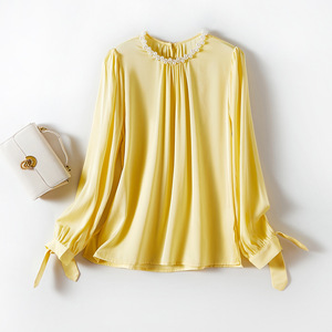 淡黄色真丝女装长袖衬衫夏季款OL气质桑蚕丝纯色打㡳套头T恤上衣