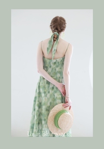 自然而蓝丨春雨花影 法式吊带设计感连衣裙 原创自制