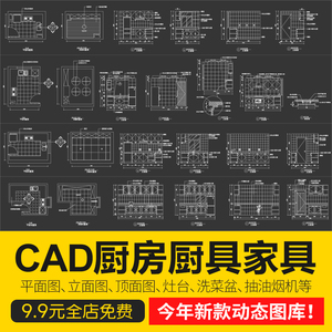 2022家装厨房厨具CAD动态图块烟机洗菜盆灶台厨具cad平立面图块库