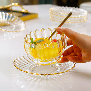 金边玻璃碗碟家用水果盘小精致美容院甜品碗点心碟糖果托盘零食盘