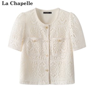 拉夏贝尔/La Chapelle夏季新款镂空蕾丝开衫短袖圆领小衫女式上衣