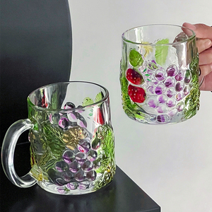 手工彩绘玻璃杯葡萄水杯水晶玻璃家用带把杯子高颜值牛奶饮料杯
