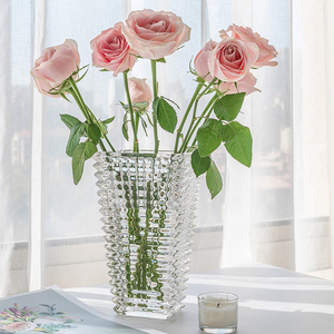 璀璨花瓶轻奢高级感ins风洋牡丹玫瑰插花透明水晶玻璃方瓶大口径