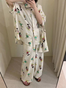 2024春夏季新款韩版卡通印花米奇短袖睡衣两件套女减龄家居服套装