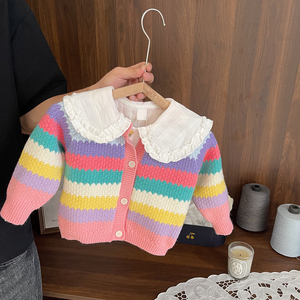1-5岁女宝宝超洋气彩虹条纹毛衣4女婴儿秋装新款女童针织开衫外套