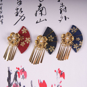 日式细工花簪樱花汉服和风发饰古风饰品流苏扇子发夹和风头饰边夹