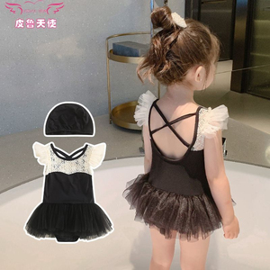 女童连体泳衣2024夏季新款韩版儿童公主甜美裙式黑色蕾丝游泳衣潮