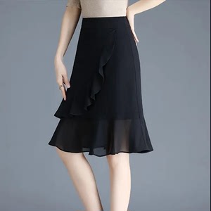 黑色雪纺短裙半身裙女夏季2024新款裙子高腰显瘦a字鱼尾裙包臀裙