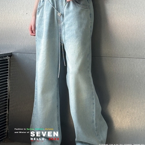 小七波拉韩国女童裤子2024春装款链子满钻薄软大儿童牛仔裤直筒裤
