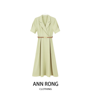 AR高端品质西装连衣裙女夏季时尚气质收腰显瘦流行豆绿色a字长裙