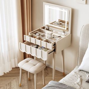 楠运法式奶油风卧室小型梳妆台镜子隐翻盖式家用梳妆桌床边收纳柜