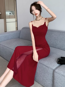 ONLY INSOLA官方旗舰店茶歇法式红色吊带连衣裙女夏收腰气质高级