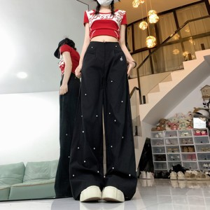 珍珠裤子女黑色刺绣阔腿裤2024夏季美式工装裤设计感直筒休闲西裤
