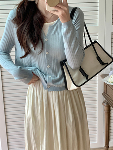 Uniko蓝色假两件针织开衫女韩版时尚气质打底衫毛衣早春chic上衣