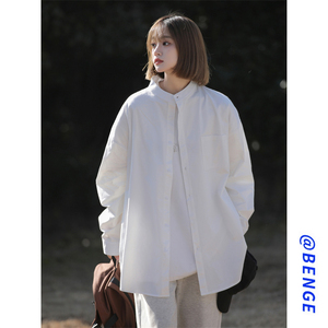 日系白色长袖衬衫女2024新款设计感立领休闲衬衣春秋季薄外套上衣