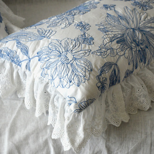 法式蓝白刺绣花朵纯棉ins蕾丝荷叶边抱枕套靠包套靠垫套装饰布艺