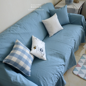 复古美式乡村纯棉帆布厚款湖蓝色沙发盖布料沙发巾沙发罩定制布艺