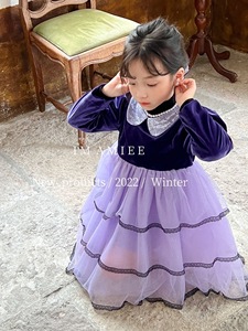 艾米秋冬新款女童紫色公主连衣裙可爱洋气加绒蛋糕纱裙生日礼服潮