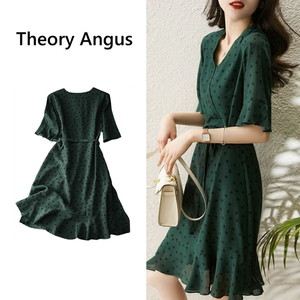 Theory Angus波点真丝夏季新款丝绸碎花短袖绿色中长款裹身连衣裙