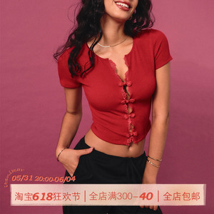 ITSNIKAR 新中式红色盘扣正肩短袖T恤女夏季露肚脐镂空开衫短上衣