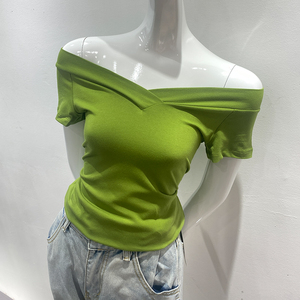 大领口T恤女夏季绿色基础款短袖修身低领休闲紧身露锁骨V领打底衫