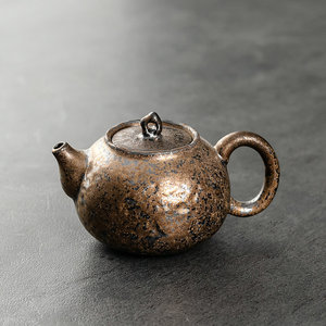 日式粗陶茶壶复古铁锈秞功夫茶具家用侧把壶陶瓷单壶石头纹泡茶器