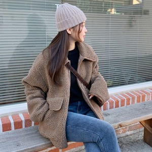 秋冬季翻领口袋休闲宽松长袖羊羔毛短外套女装韩版小个子毛毛棉衣