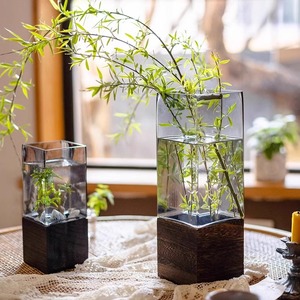 掬涵方口木托玻璃花瓶摆件透明水养鲜花干花客厅餐桌插花装饰花器