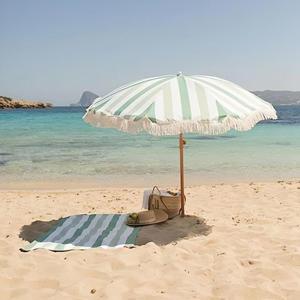 新款户外防晒绿条纹流苏沙滩伞露台花园休闲庭院伞拍照道具遮阳伞
