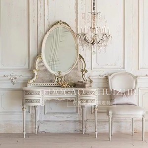美式法式白色做旧实木雕花卧室梳妆台桌镜定制复古做旧包藤梳妆桌